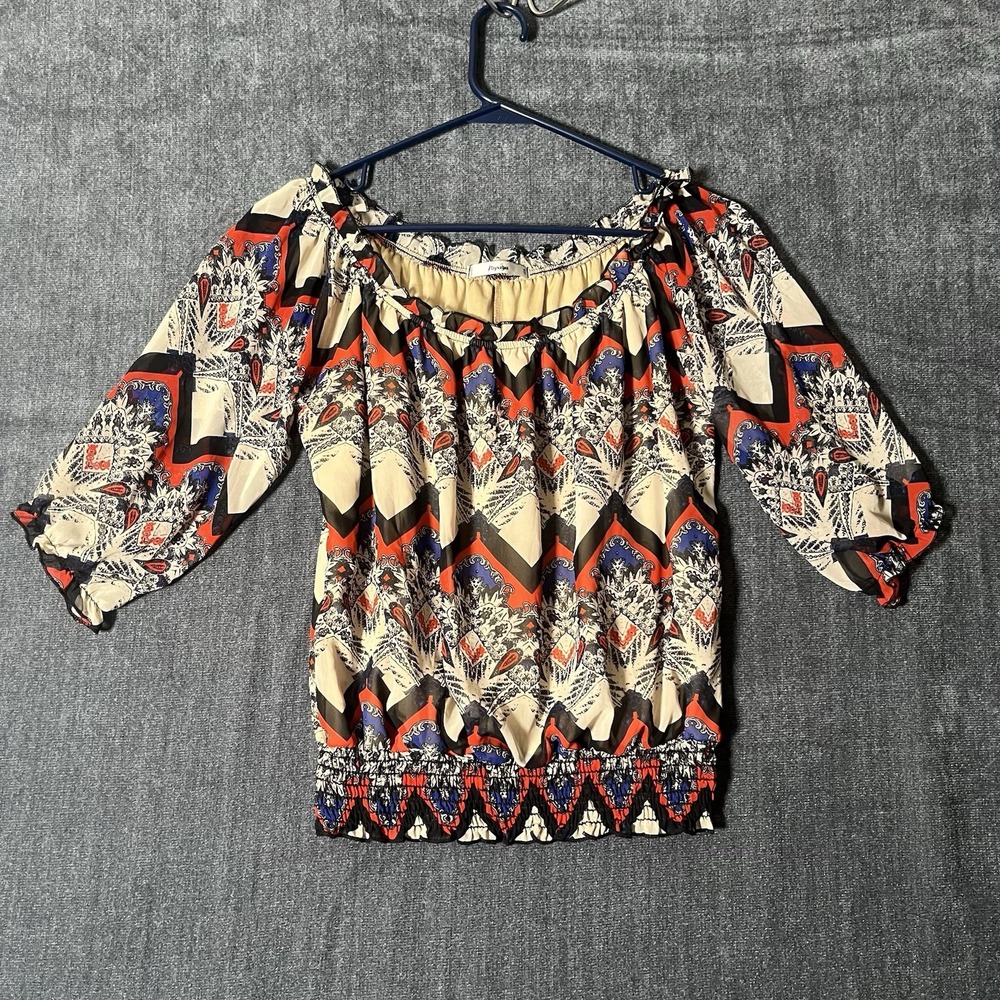 Papaya Women's Blouse S Small Boho Off Shoulder Geometric Print 3/4 Sleeve